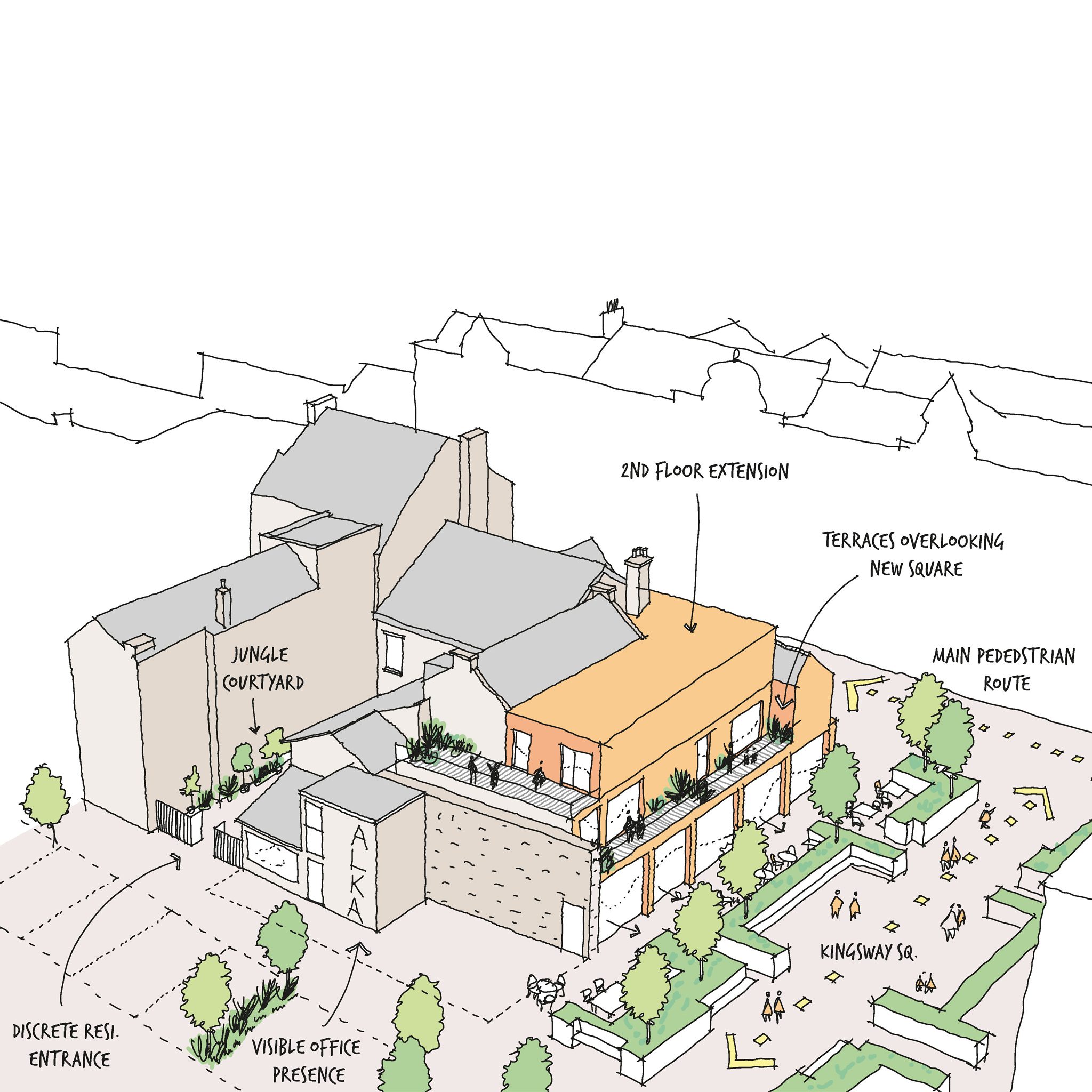 Apartments & Restaurant — concept axonometric