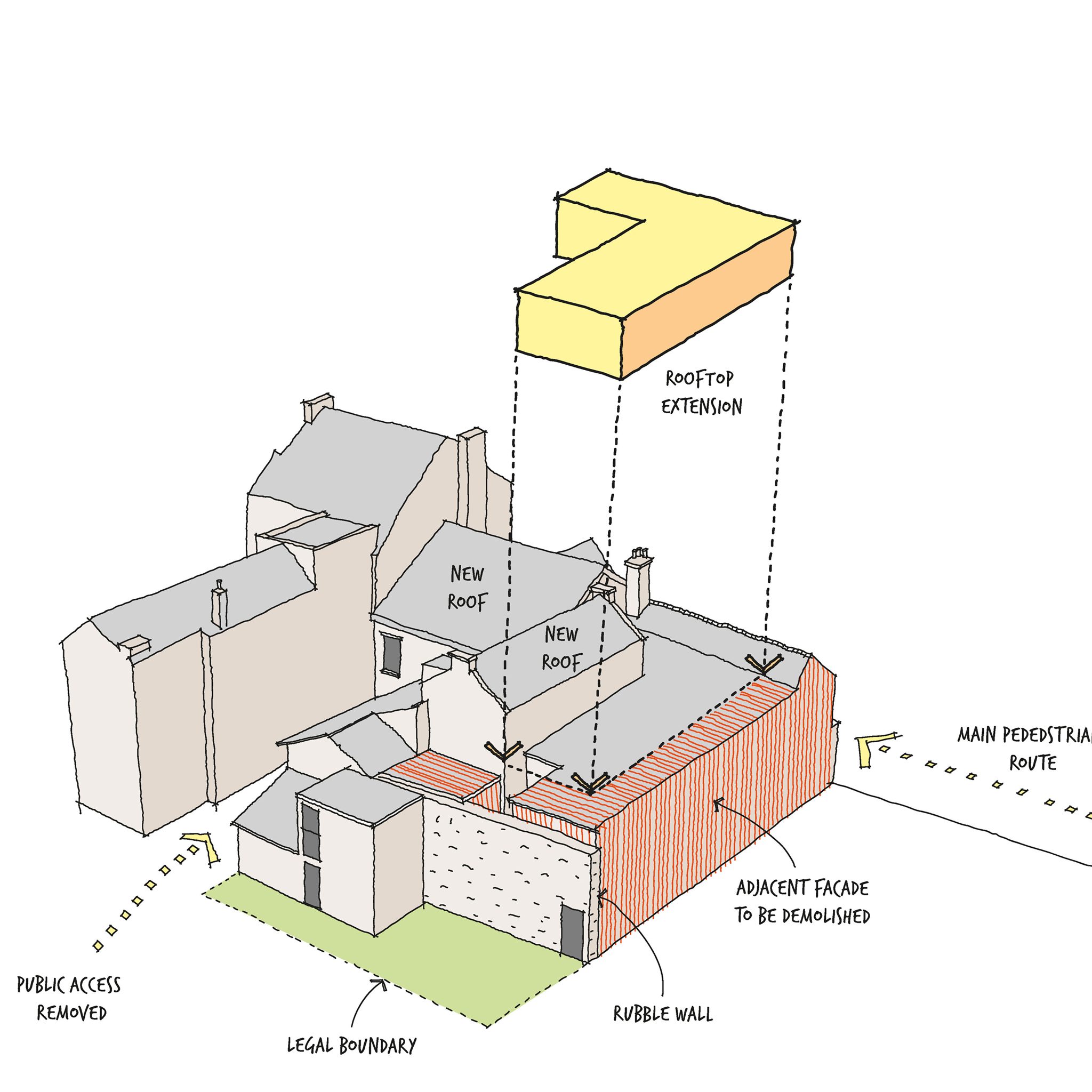 Apartments & Restaurant — strategy axonometric