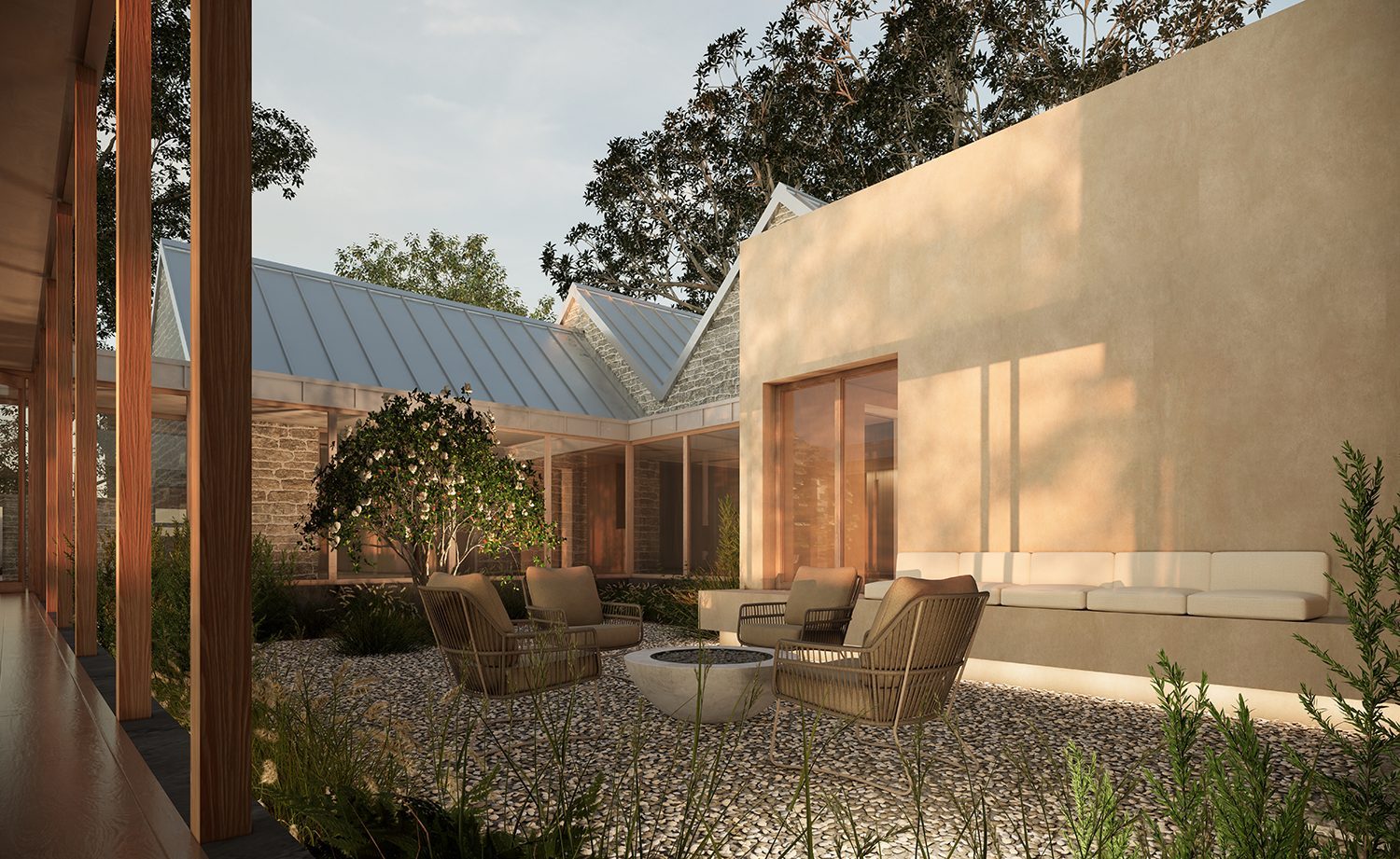 The Lake House — central courtyard at golden hour