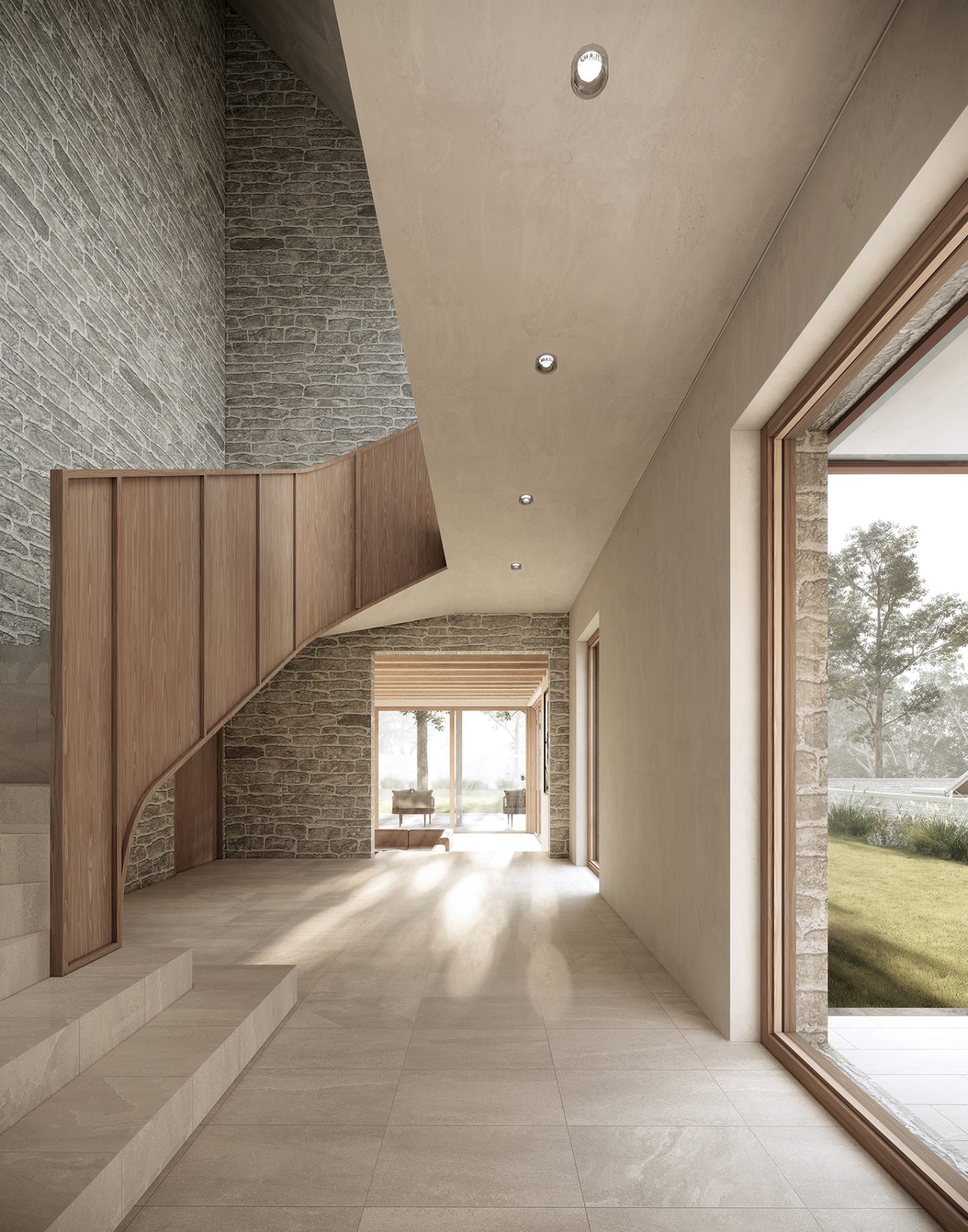 The Lake House — entry staircase, stone and oak