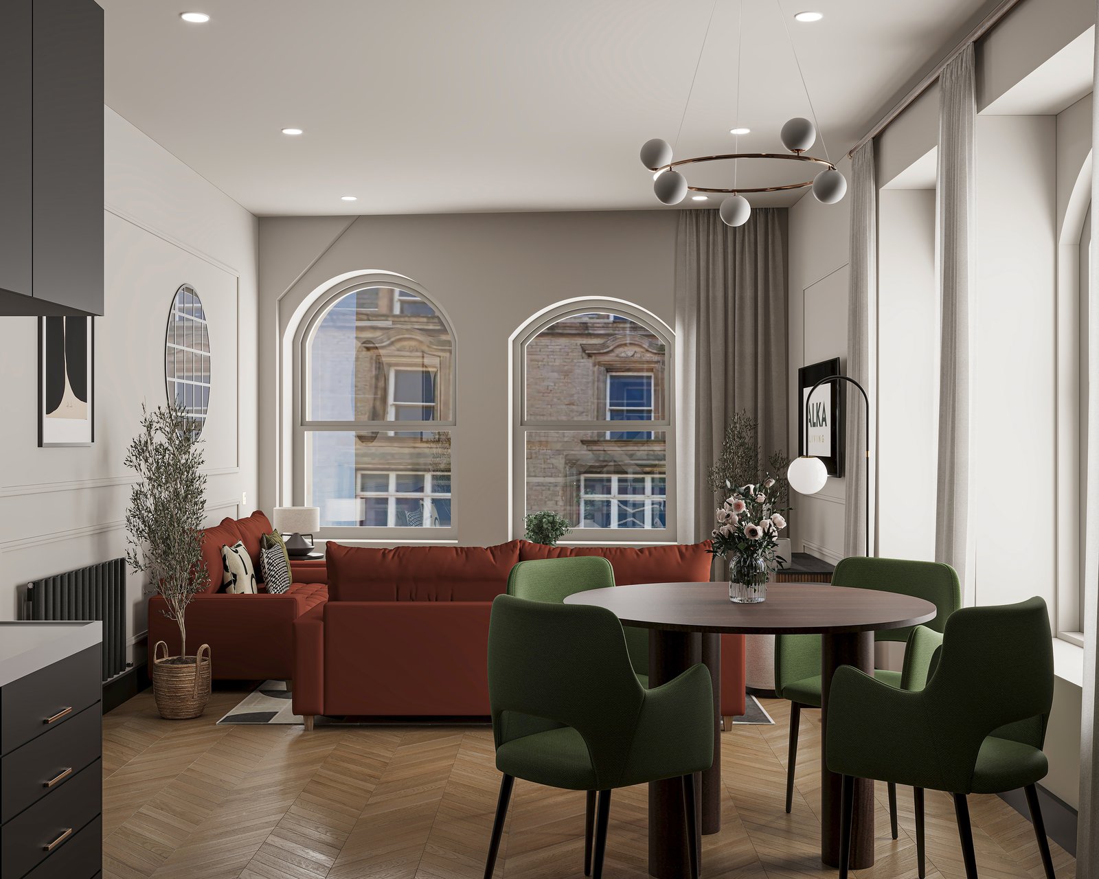 Newgate — apartment living and dining space, arched sash windows onto the street, herringbone timber floor