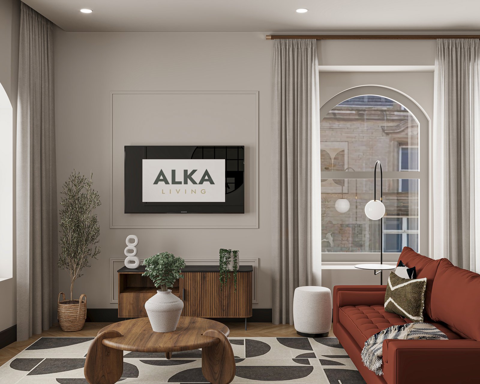 Newgate — apartment living area with panelled media wall and fluted timber sideboard
