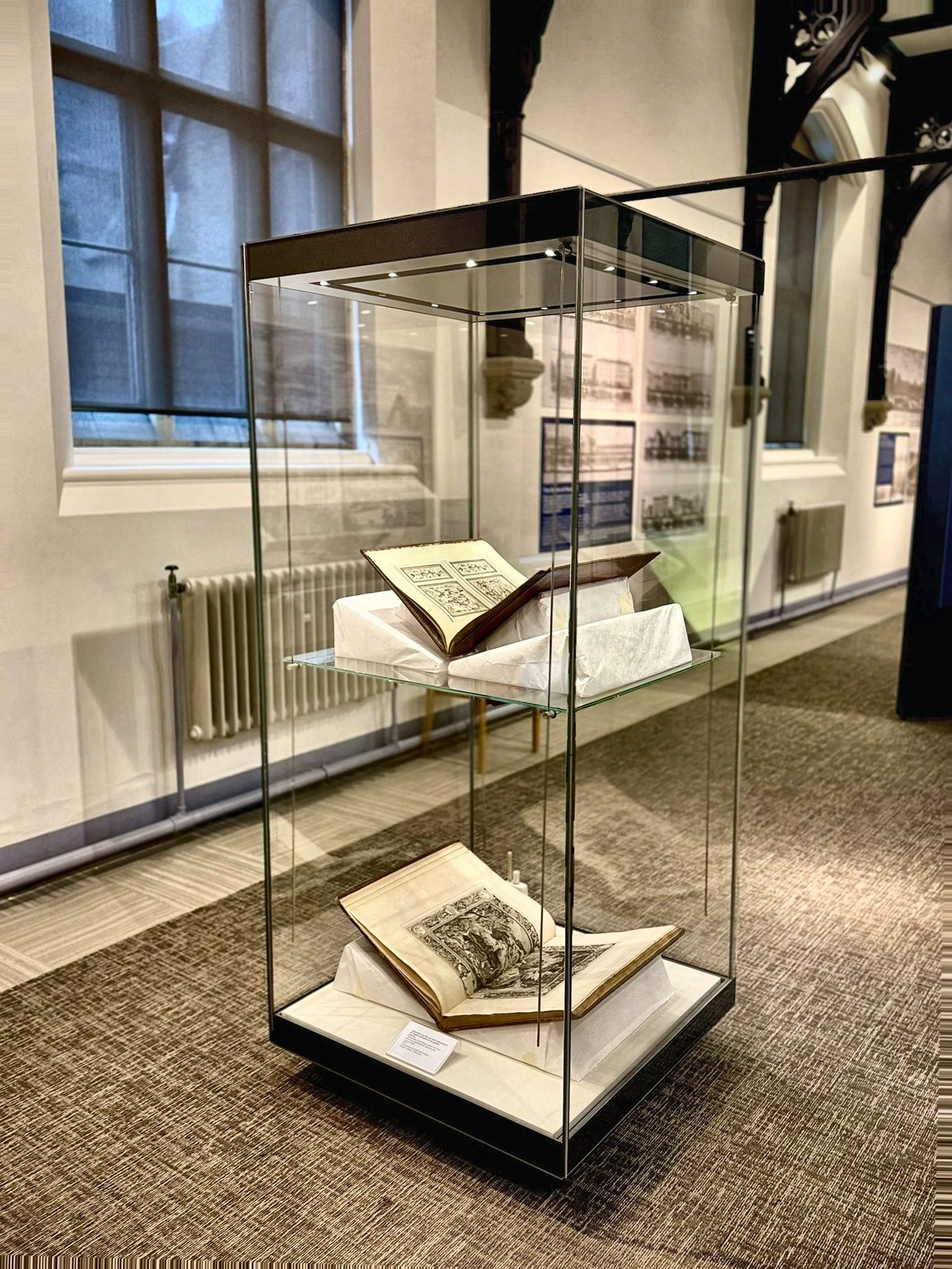 Two-tier glass display case with bound volumes, in the gallery
